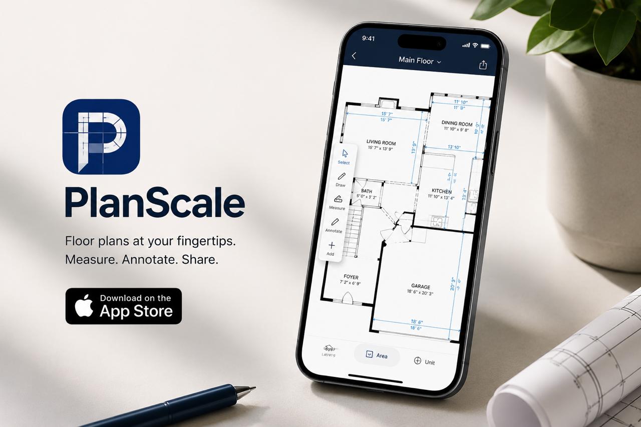 PlanScale app on iPhone displaying a detailed floor plan with measurement tools